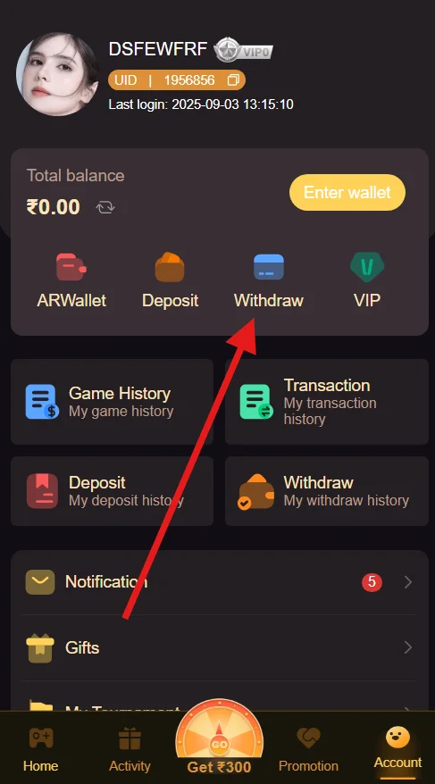 Click on withdraw option